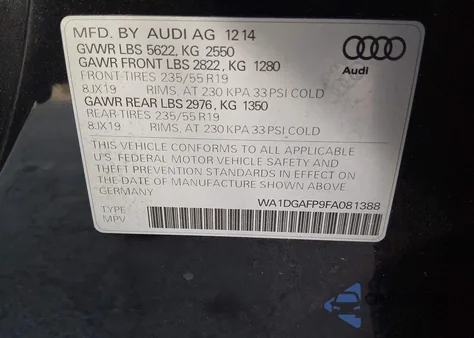 2015 Audi Q5 3.0T Premium Plus из США, поврежденный, VIN WA1DGAFP9FA081388